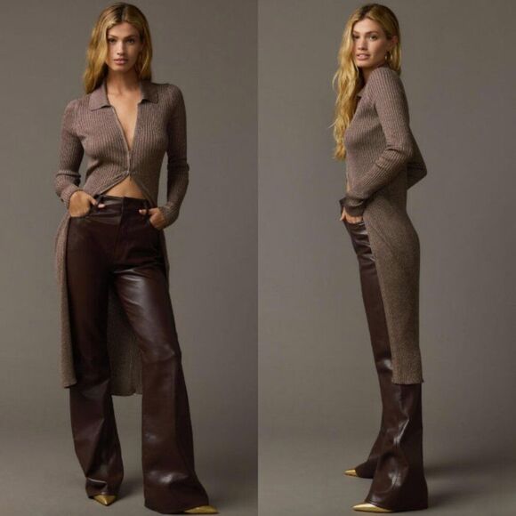 Anthropologie gold shimmer glitter zipper front collared duster cardigan sweater - Picture 1 of 6